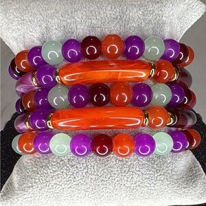 Multicolor Beaded Stretch Bracelet Set - Purple, Orange, Red, Mint